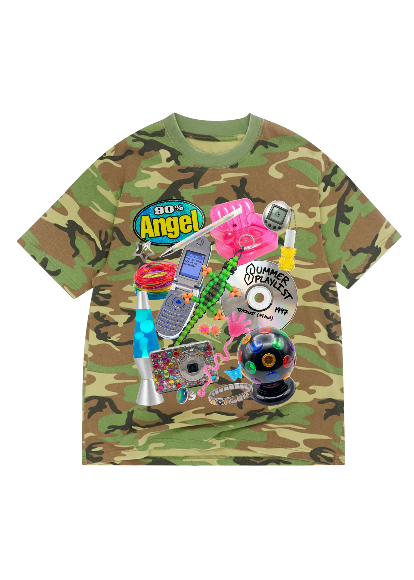 Camo short sleeve shirt with graphic design including a phone, lava lamp, cd, on a white background flat lay frontal view