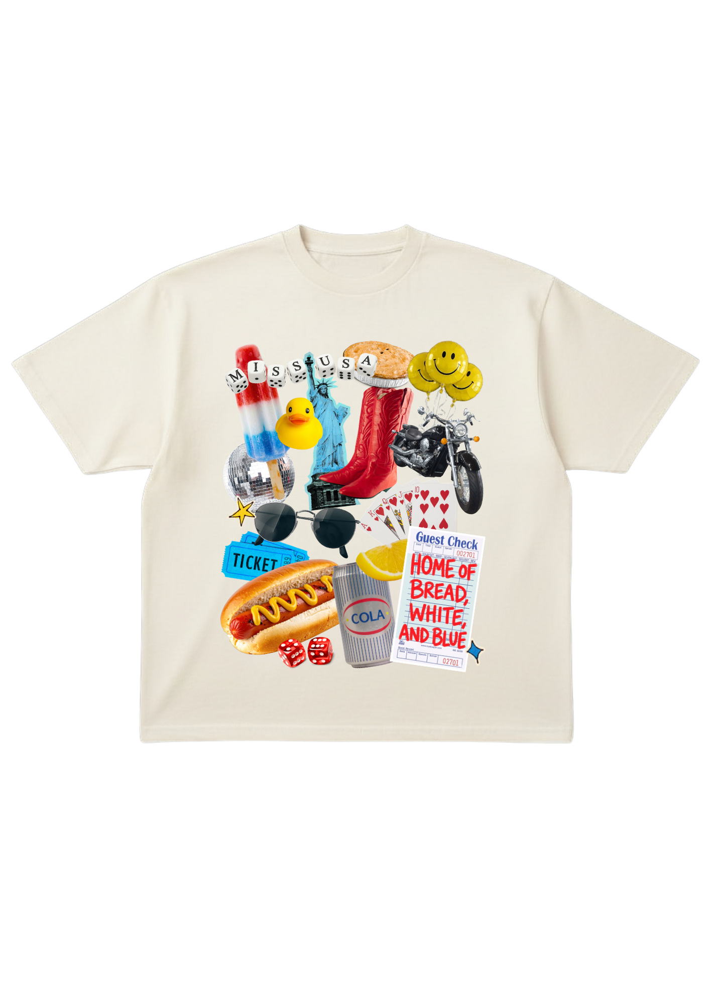 Beige t-shirt with colorful patriotic graphic design on a white background, flat lay frontal view