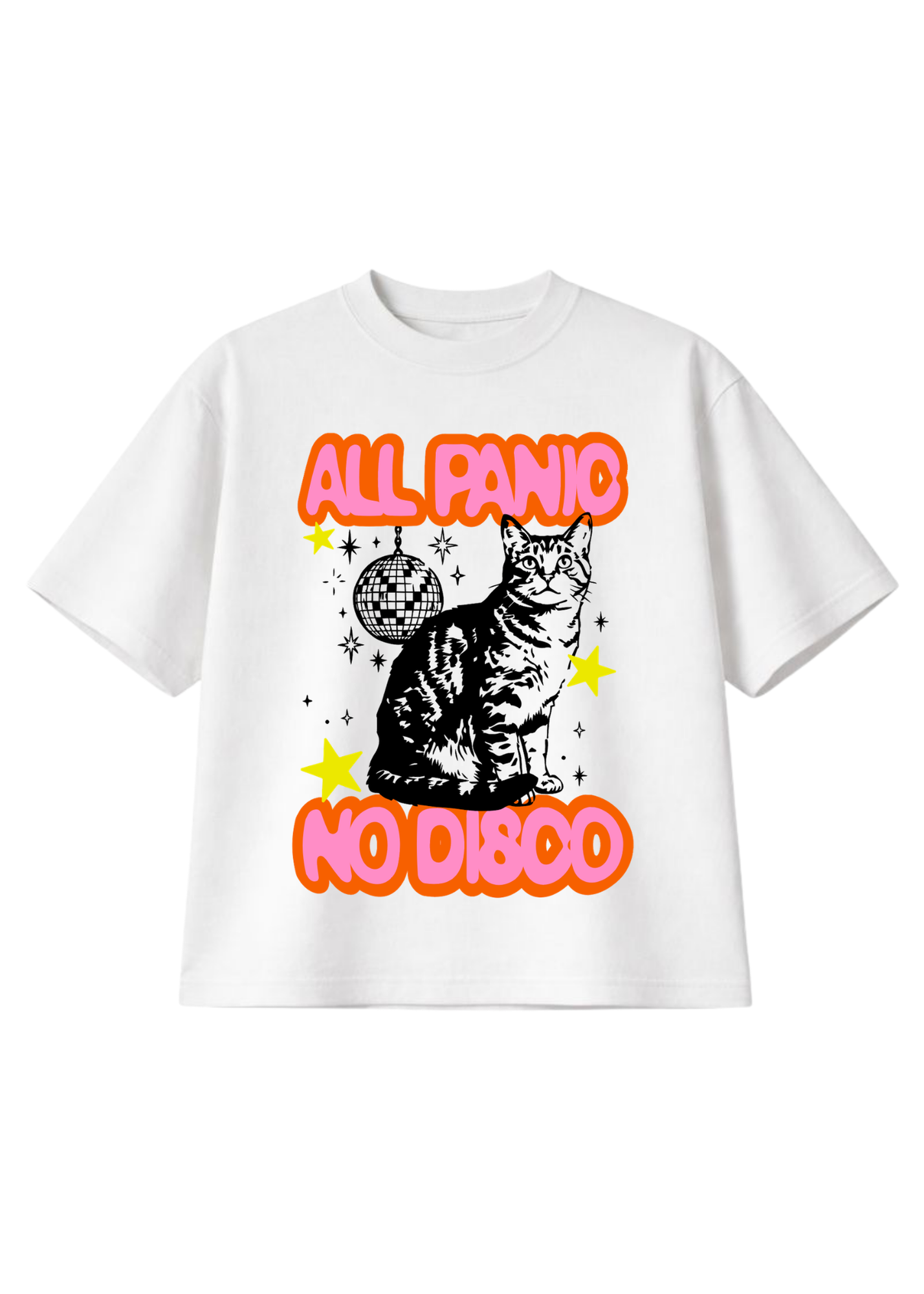 White short sleeve shirt with a cat graphic and text 'All Panic No Disco' on a white background, flat lay frontal view