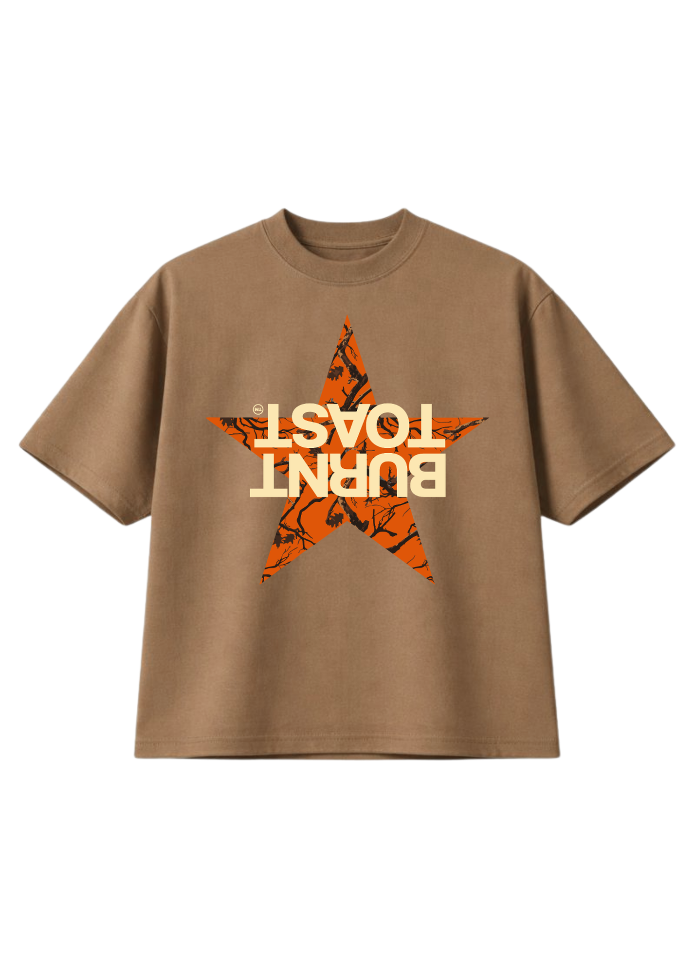 Brown oversized short sleeve shirt with a orange and black camo star graphic and upside down 'BURNT TOAST' text in cream on a white background, flat lay frontal view