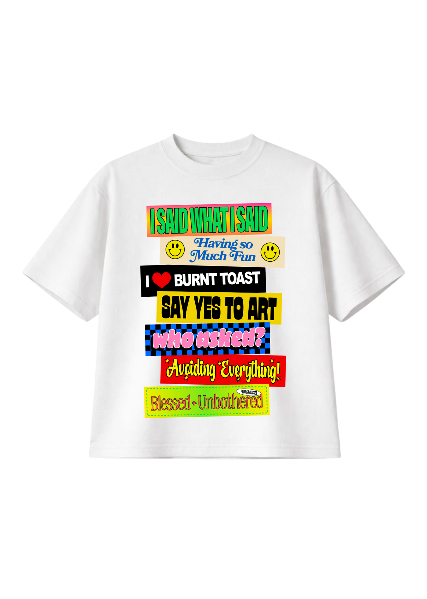 White oversized short sleeve shirt with colorful text and graphic designs on a white background, flat lay frontal view