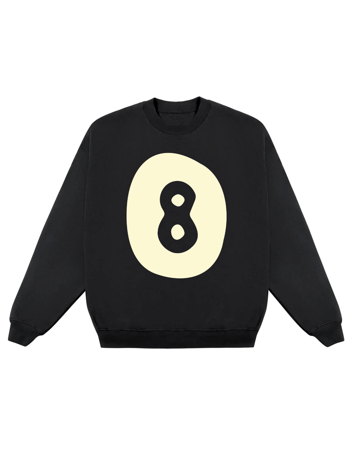 Black sweatshirt with a yellow circle featuring the number 8 on a white background, flat lay frontal view