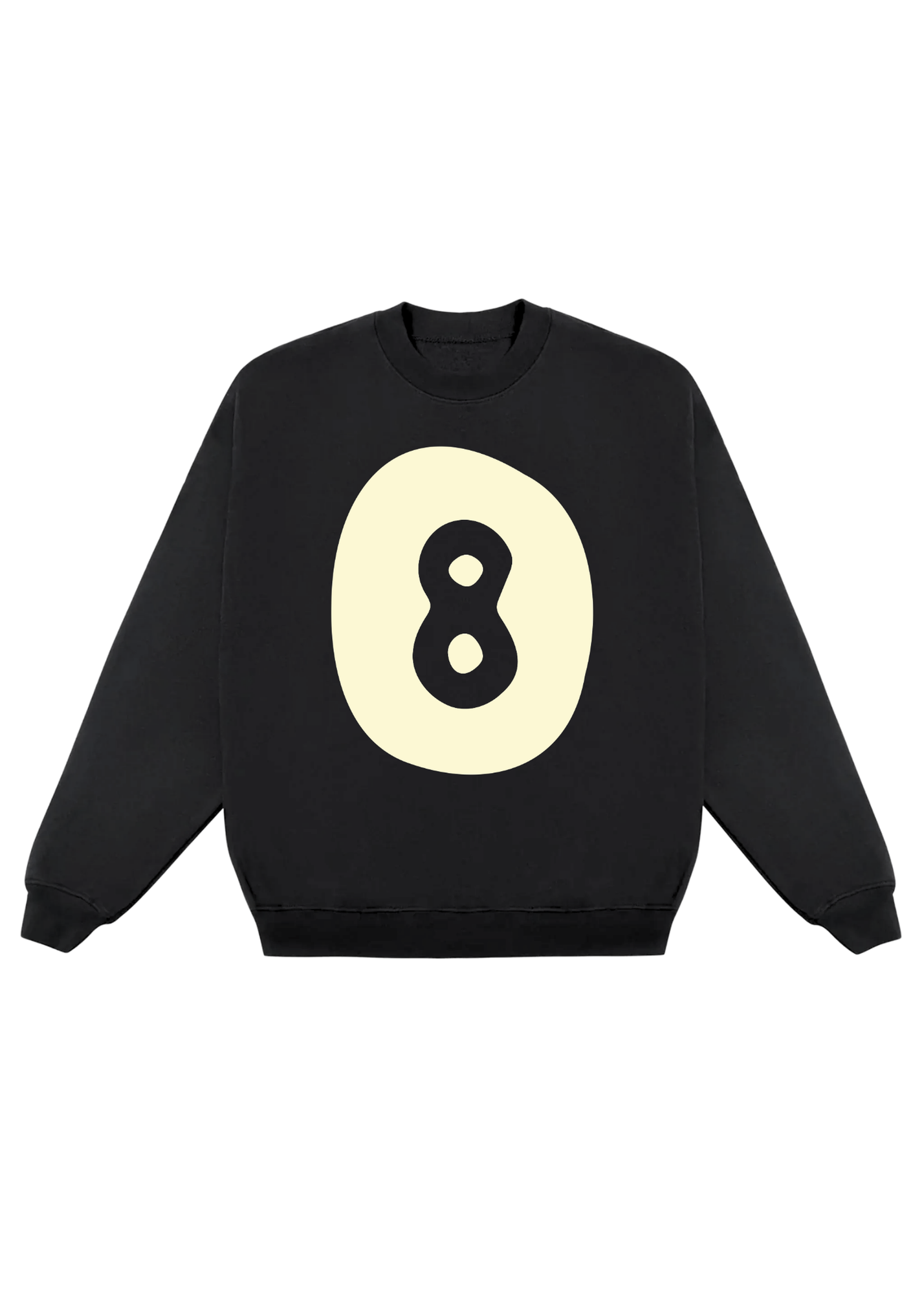 Black sweatshirt with a yellow circle featuring the number 8 on a white background, flat lay frontal view