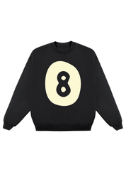 Black sweatshirt with a yellow circle featuring the number 8 on a white background, flat lay frontal view