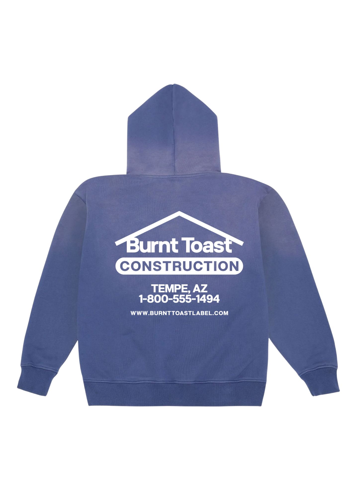Blue distressed hoodie with white paint splashes, a Burnt Toast Construction logo in white on a white background, flat lay back view