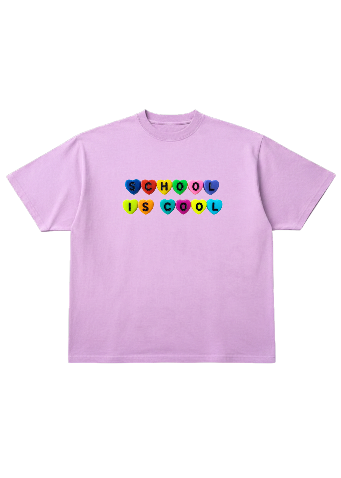 Light purple short sleeve tee with lettering in colorful hearts that read 'SCHOOL IS COOL', flat lay frontal view