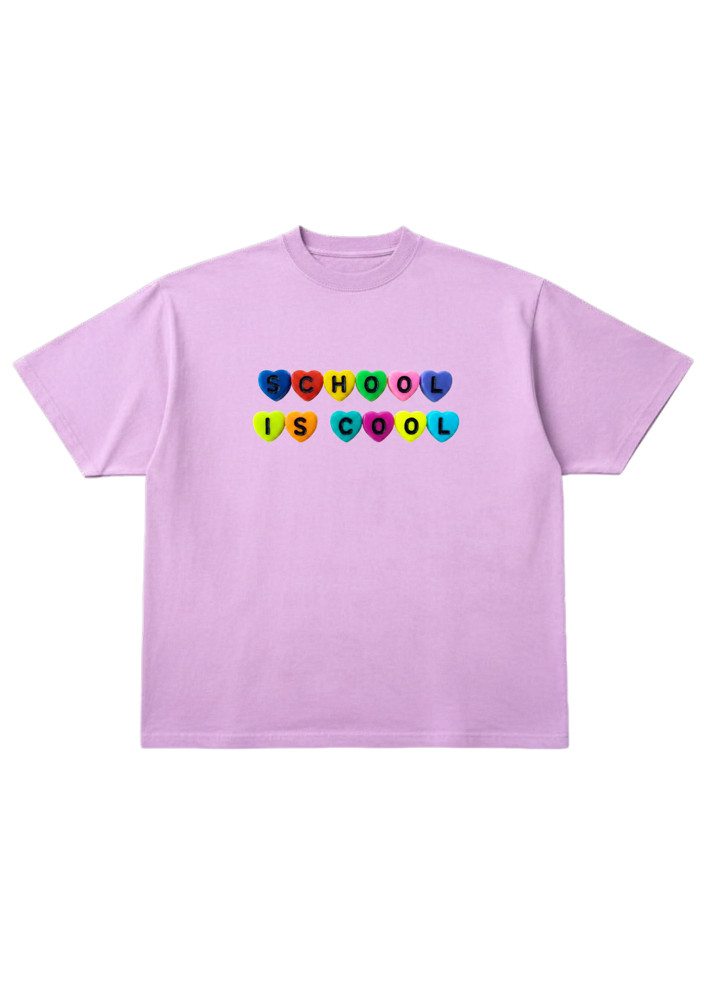 Light purple short sleeve tee with lettering in colorful hearts that read 'SCHOOL IS COOL', flat lay frontal view