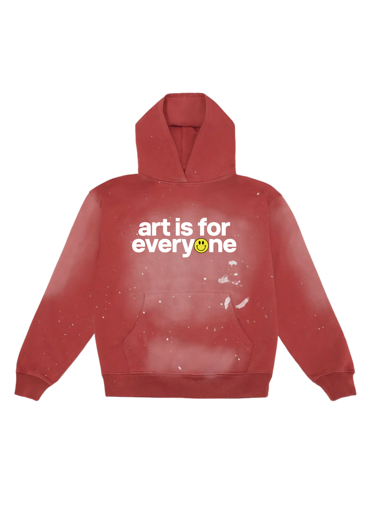 Red hoodie distressed with 'art is for everyone' text and a smiley face flat lay on a white background, frontal view