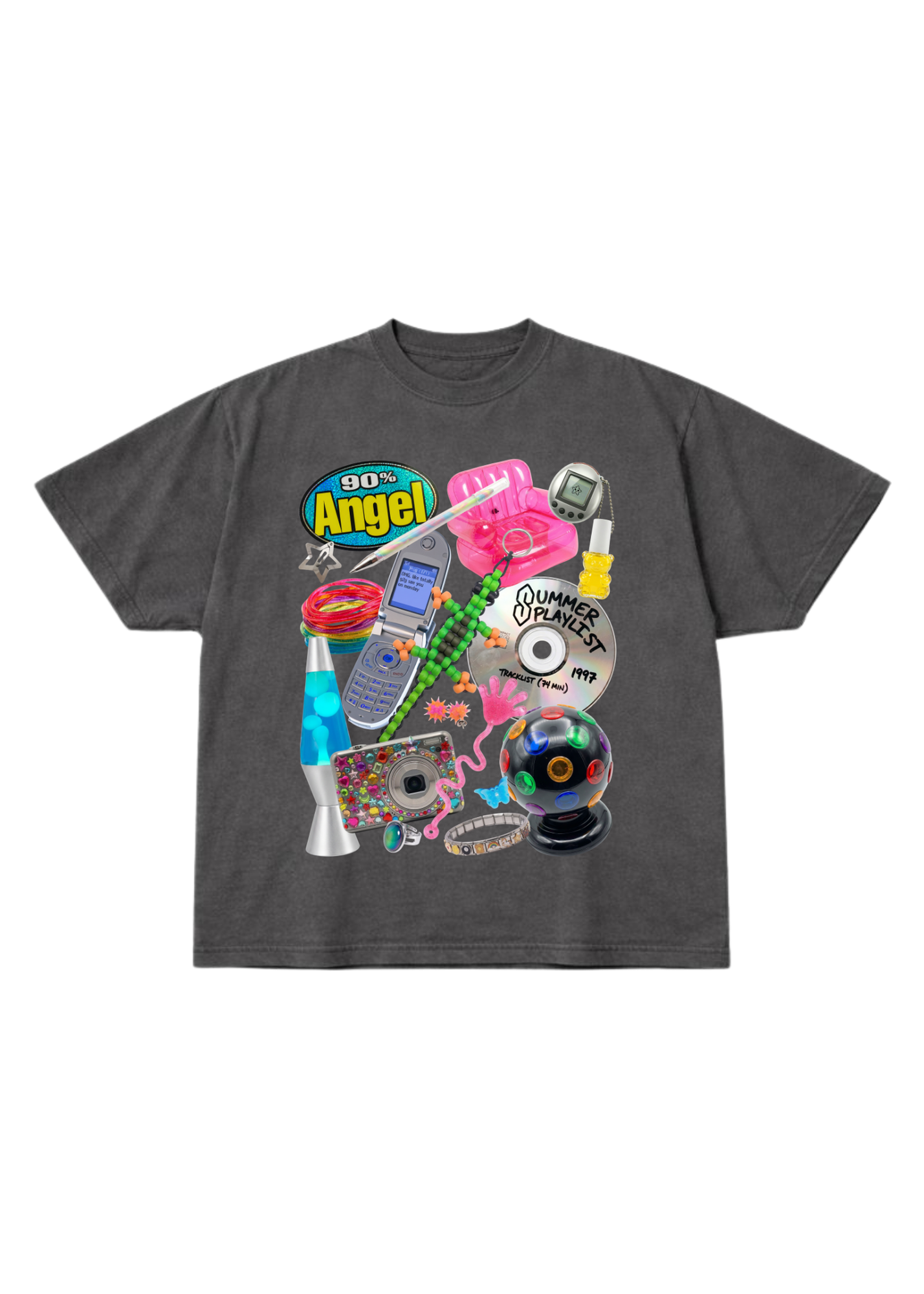 Gray short sleeve shirt with colorful graphic design on a white background, flat lay frontal view
