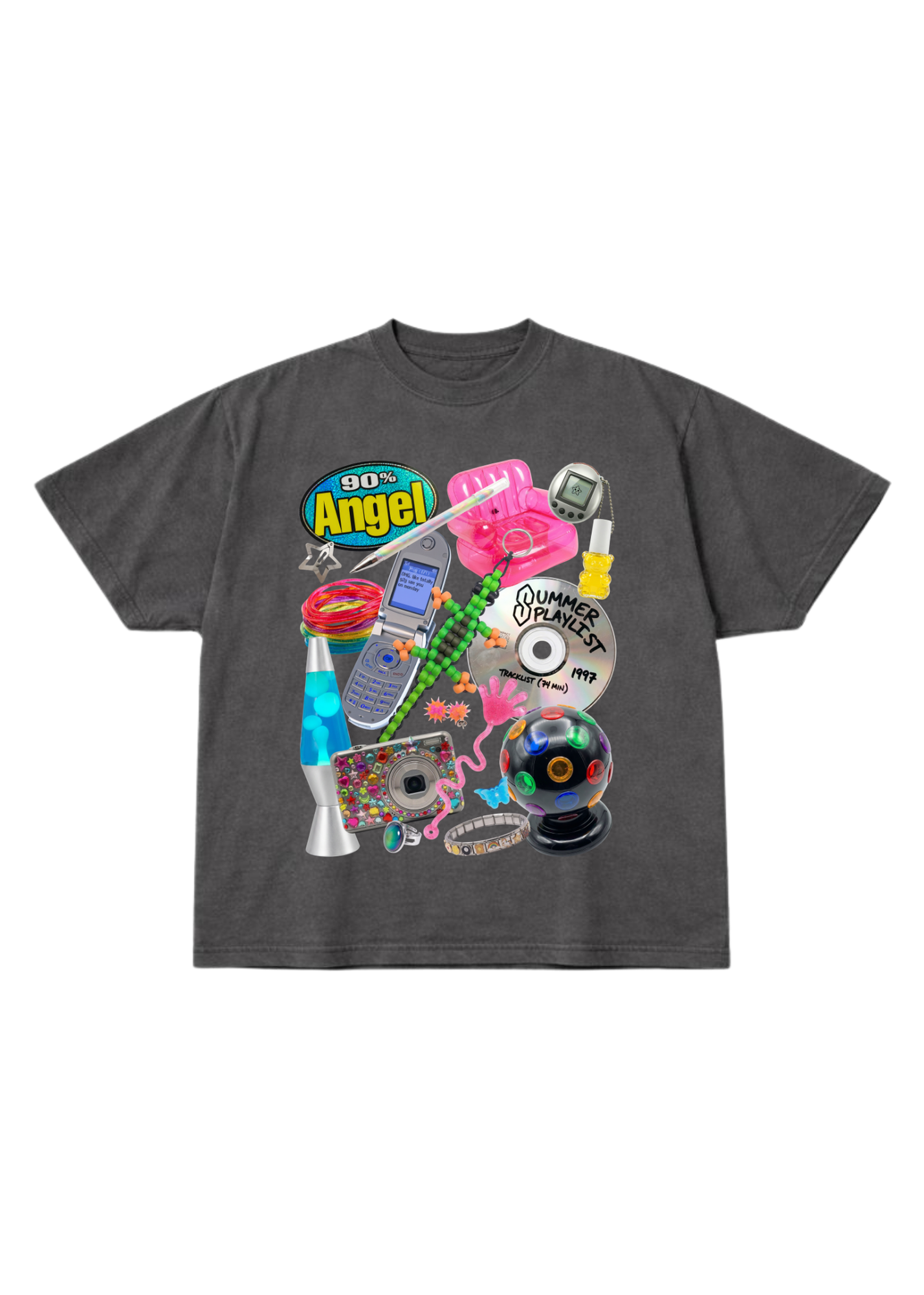 Gray short sleeve shirt with colorful graphic design on a white background, flat lay frontal view