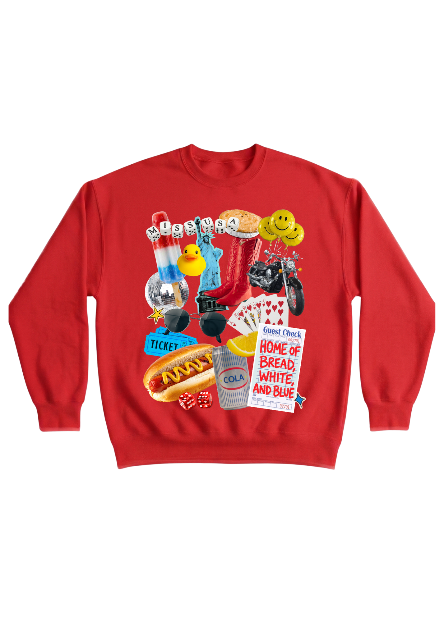 Red sweatshirt with colorful patriotic graphic design on a white background, flat lay frontal view