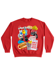 Red sweatshirt with colorful patriotic graphic design on a white background, flat lay frontal view