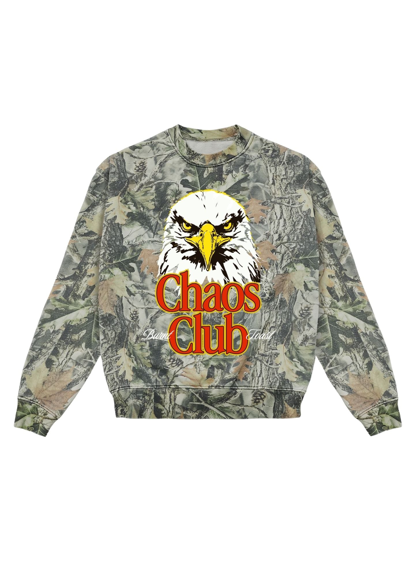 Camouflage crewneck with an eagle logo and 'Chaos Club' text on a white background, flat lay frontal view