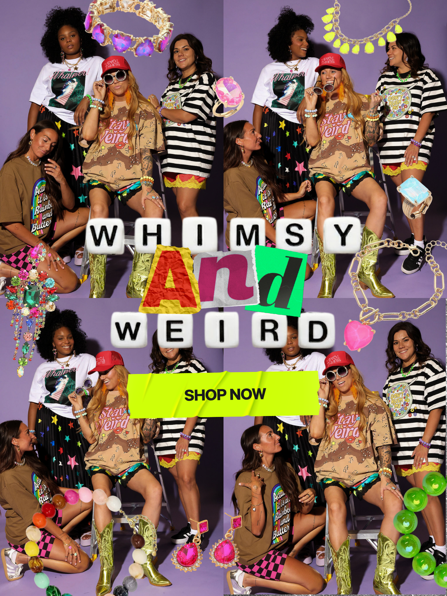Burnt Toast Label Whimsy & Weird collection flatlay featuring Jewelry and graphic tees, alongside people wearing matching outfits and colorful accessories, featuring the text 'Whimsy and Weird' on a purple background.