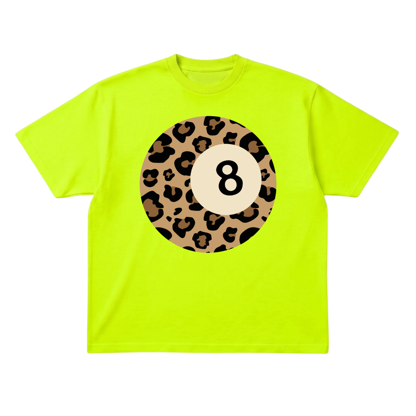 Neon green t-shirt with a leopard print circle and number 8 on a white background, flat lay frontal view