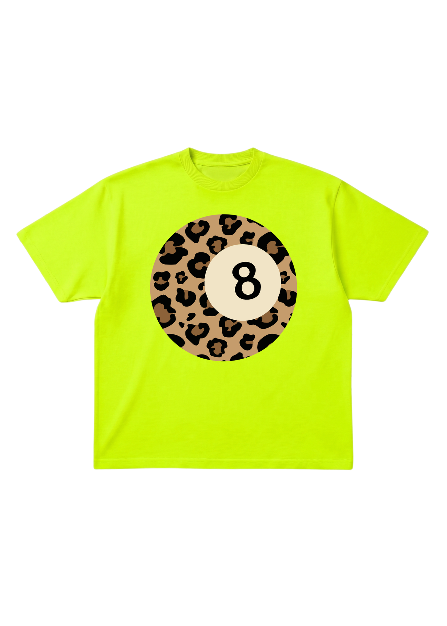 Neon green t-shirt with a leopard print circle and number 8 on a white background, flat lay frontal view