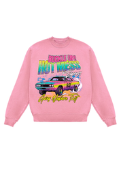 Pink long sleeve crewneck with 'BUCKLE UP! HOT MESS EXPRESS' text in colorful writing and sports car, flat lay frontal view