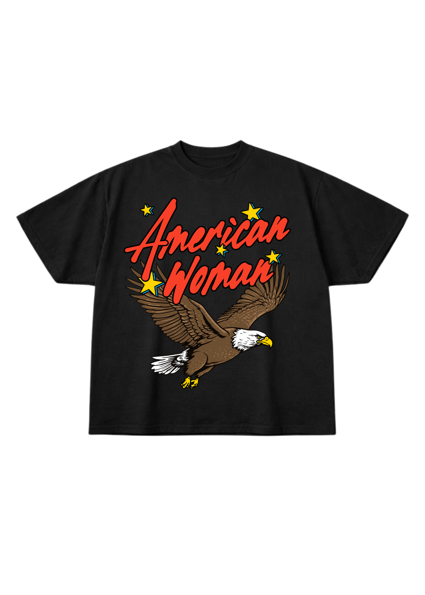 Black t-shirt with 'American Woman' text and an eagle graphic on a white background, flat lay frontal view