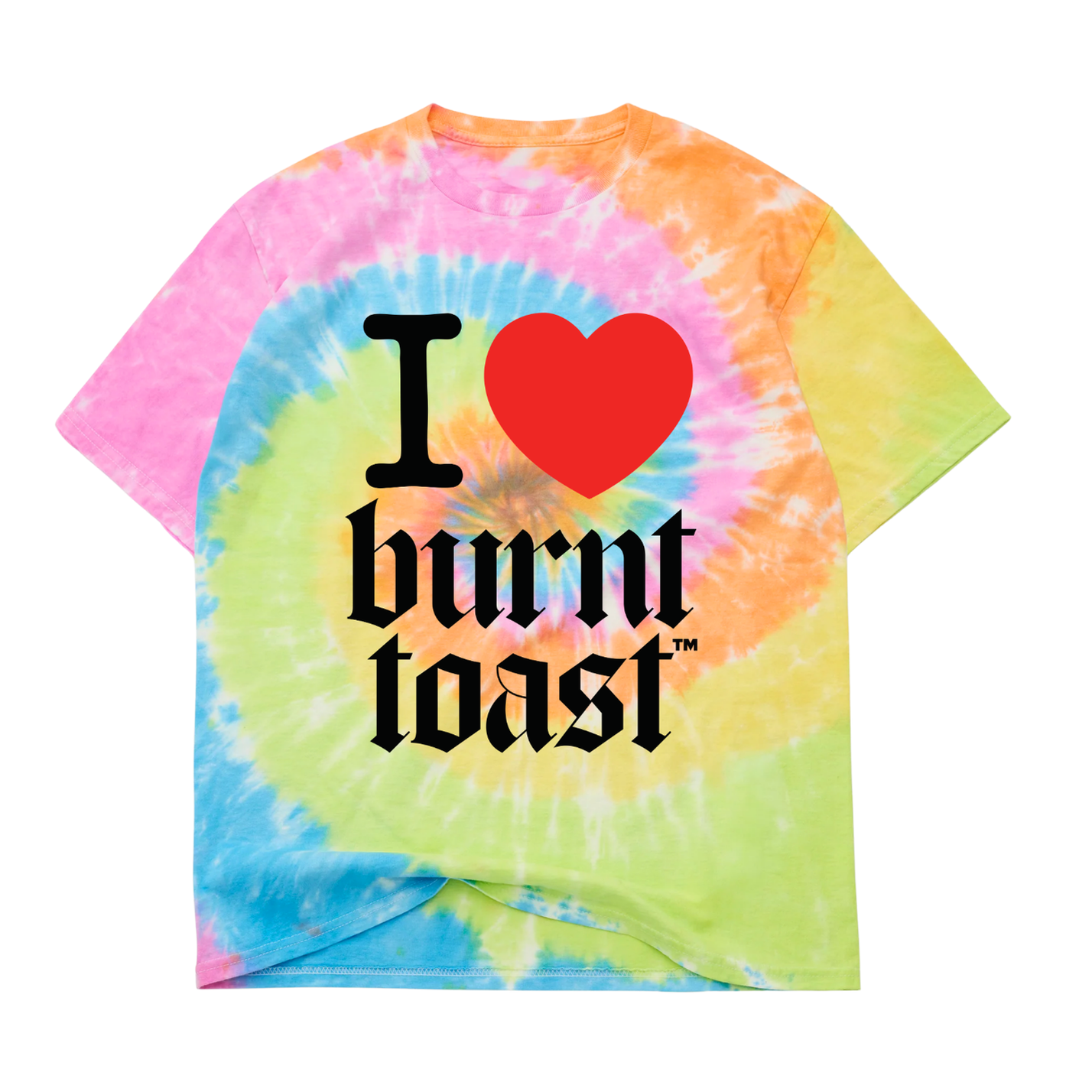 Tie-dye t-shirt with 'I ❤️ burnt toast' text on a white background, flat lay frontal view