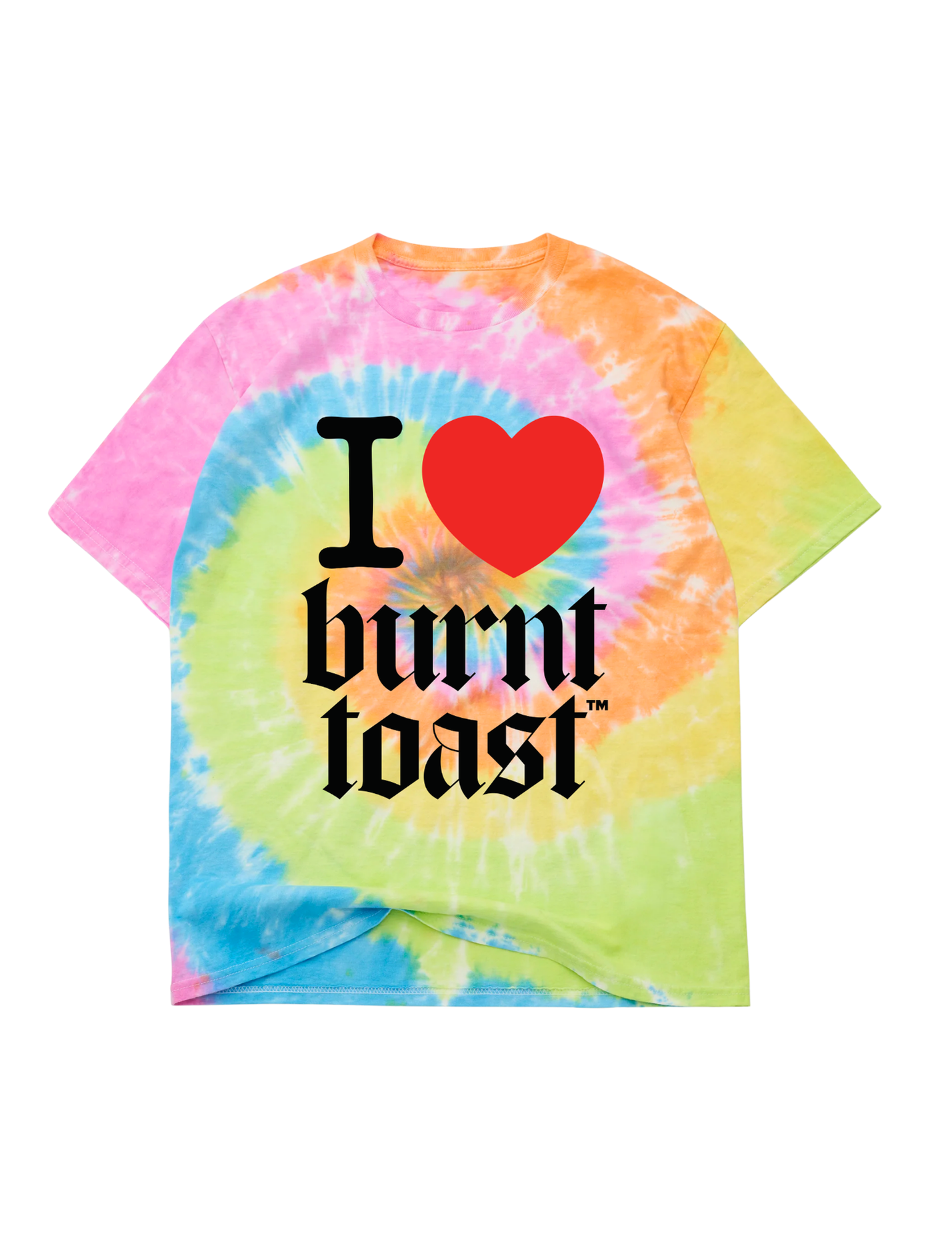 Tie-dye t-shirt with 'I ❤️ burnt toast' text on a white background, flat lay frontal view