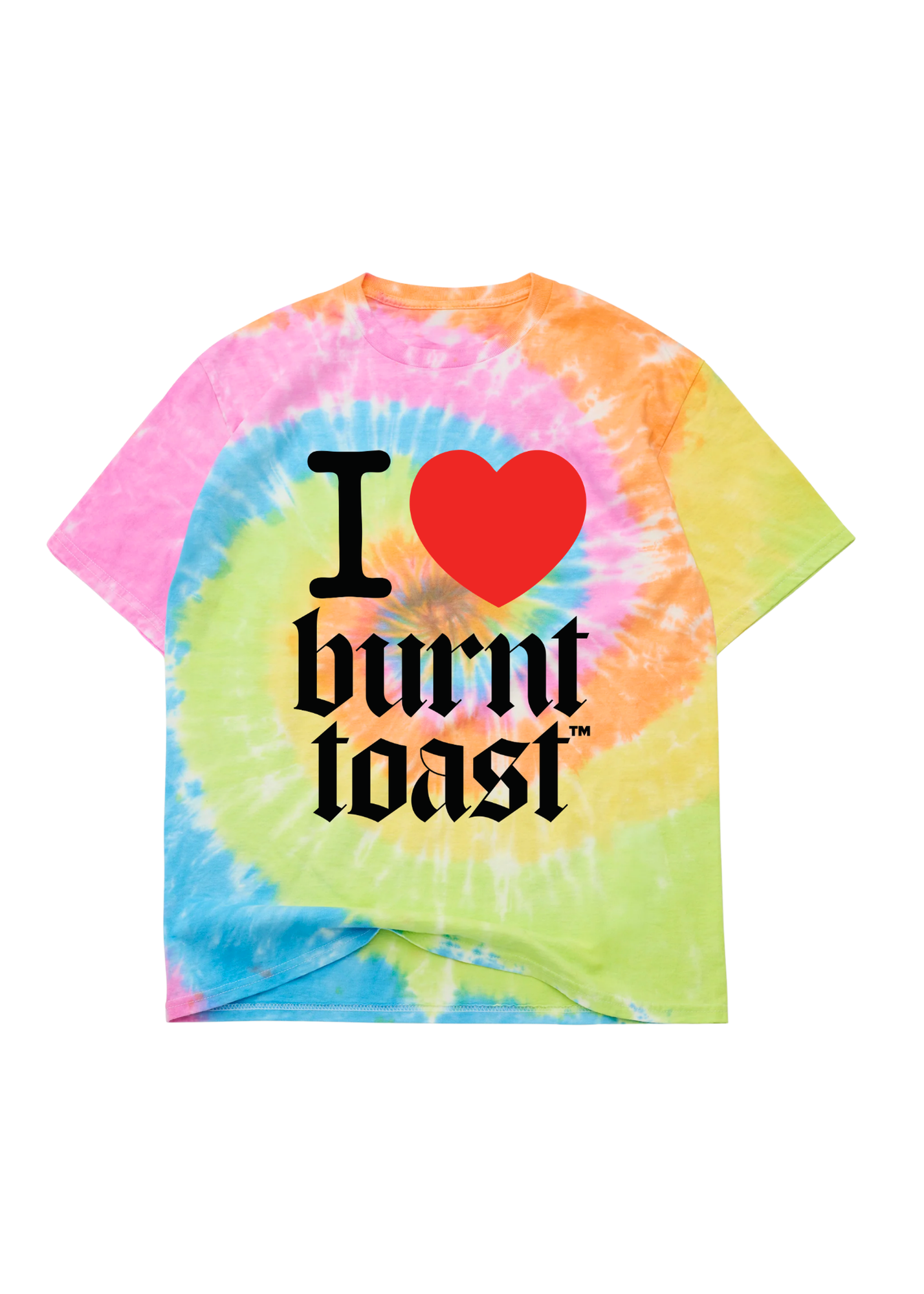 Tie-dye t-shirt with 'I ❤️ burnt toast' text on a white background, flat lay frontal view