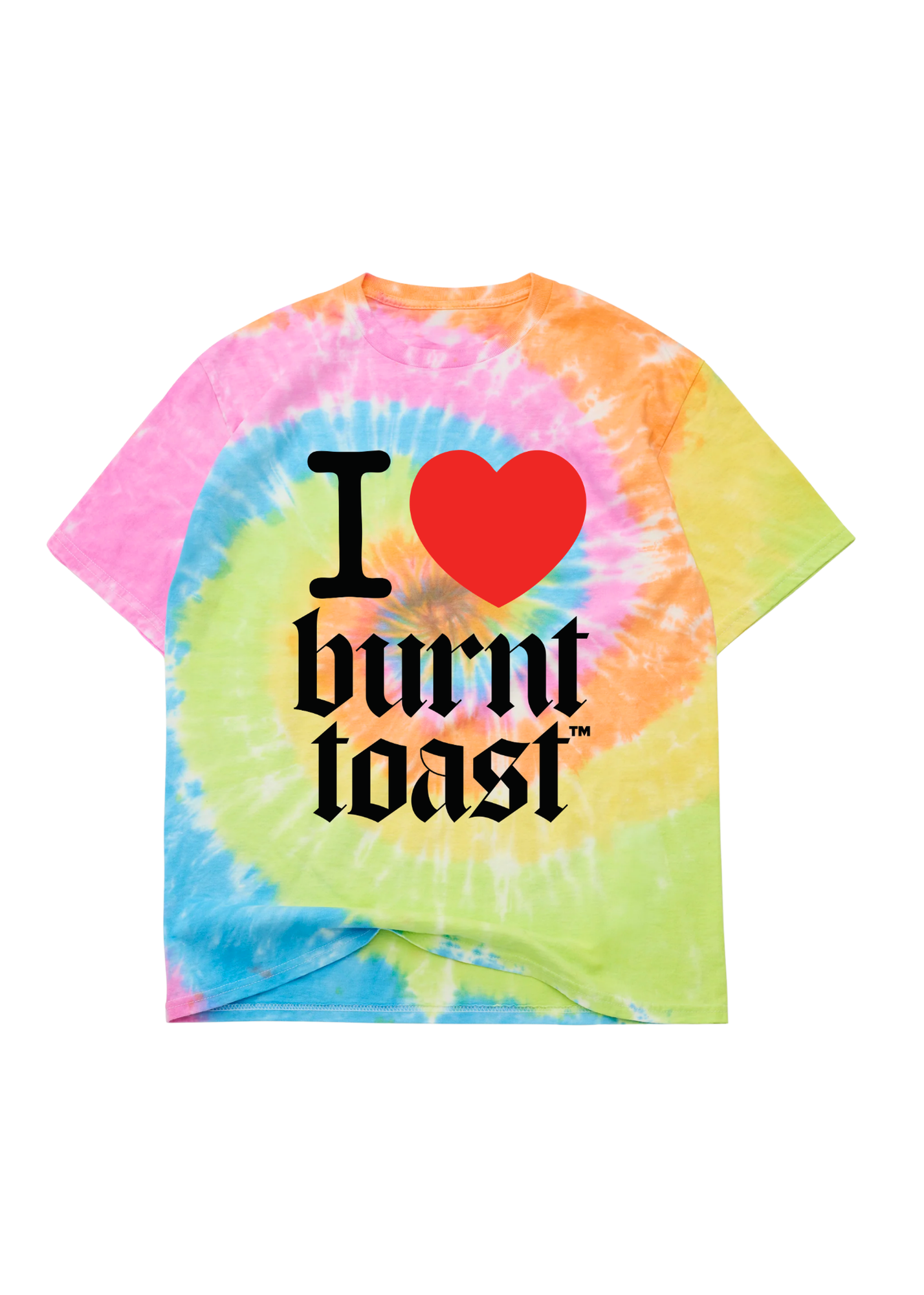 Tie-dye t-shirt with 'I ❤️ burnt toast' text on a white background, flat lay frontal view