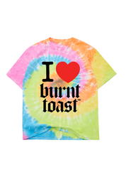 Tie-dye t-shirt with 'I ❤️ burnt toast' text on a white background, flat lay frontal view