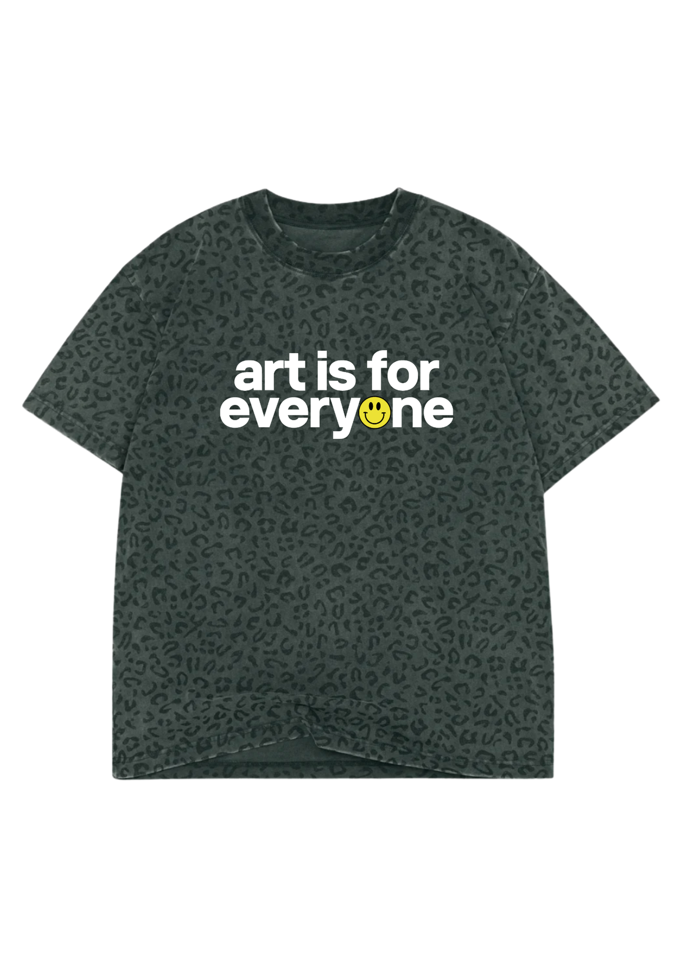 Leopard grey T-shirt with 'art is for everyone' text and smiley face on a white background, flat lay frontal view