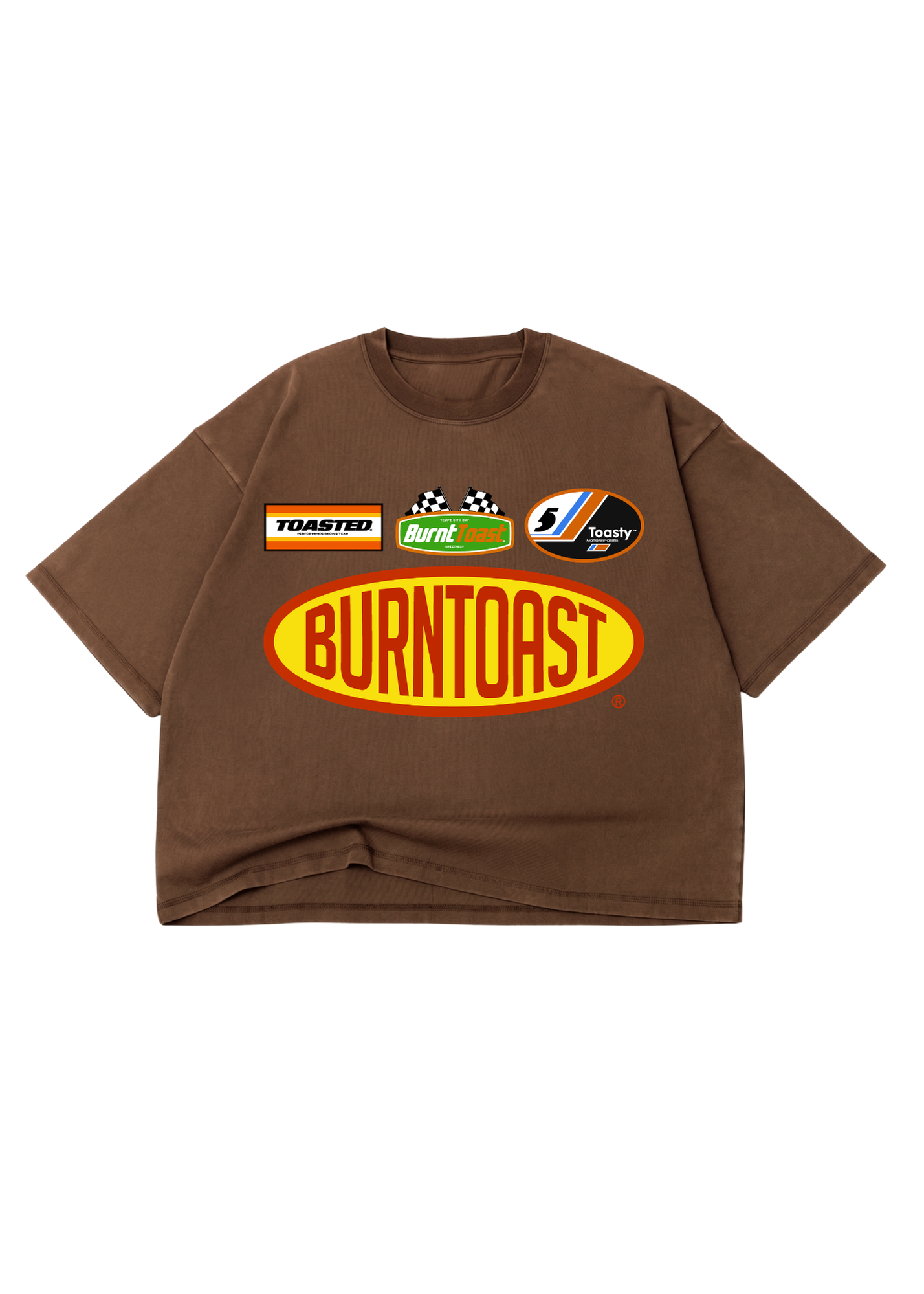 Brown crop short sleeve shirt with 'Burnt toast' logo on a white background, flat lay frontal view