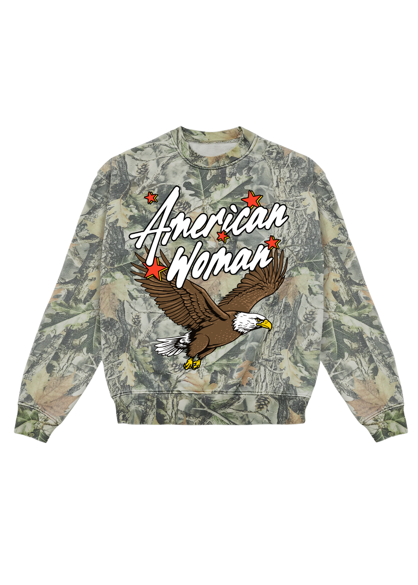 Camouflage sweatshirt with 'American Woman' text and eagle graphic on a white background, flat lay frontal view