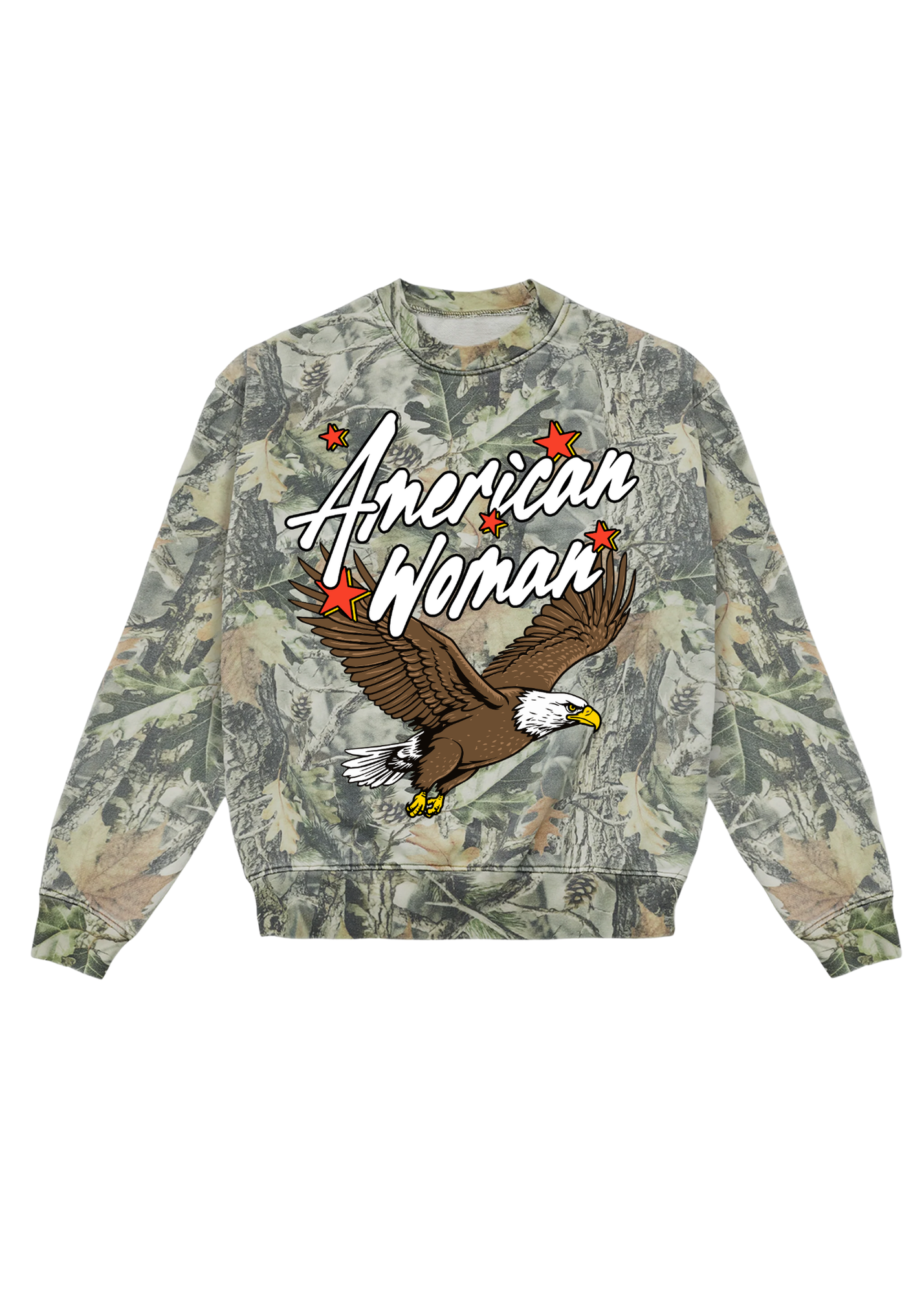 Camouflage sweatshirt with 'American Woman' text and eagle graphic on a white background, flat lay frontal view