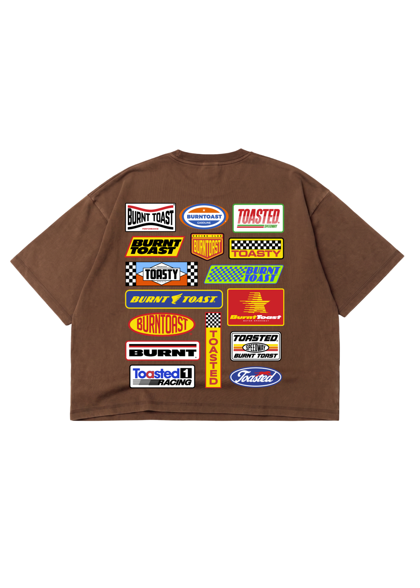 Brown crop short sleeve shirt with 'Burnt toast' logo on a white background, flat lay back view