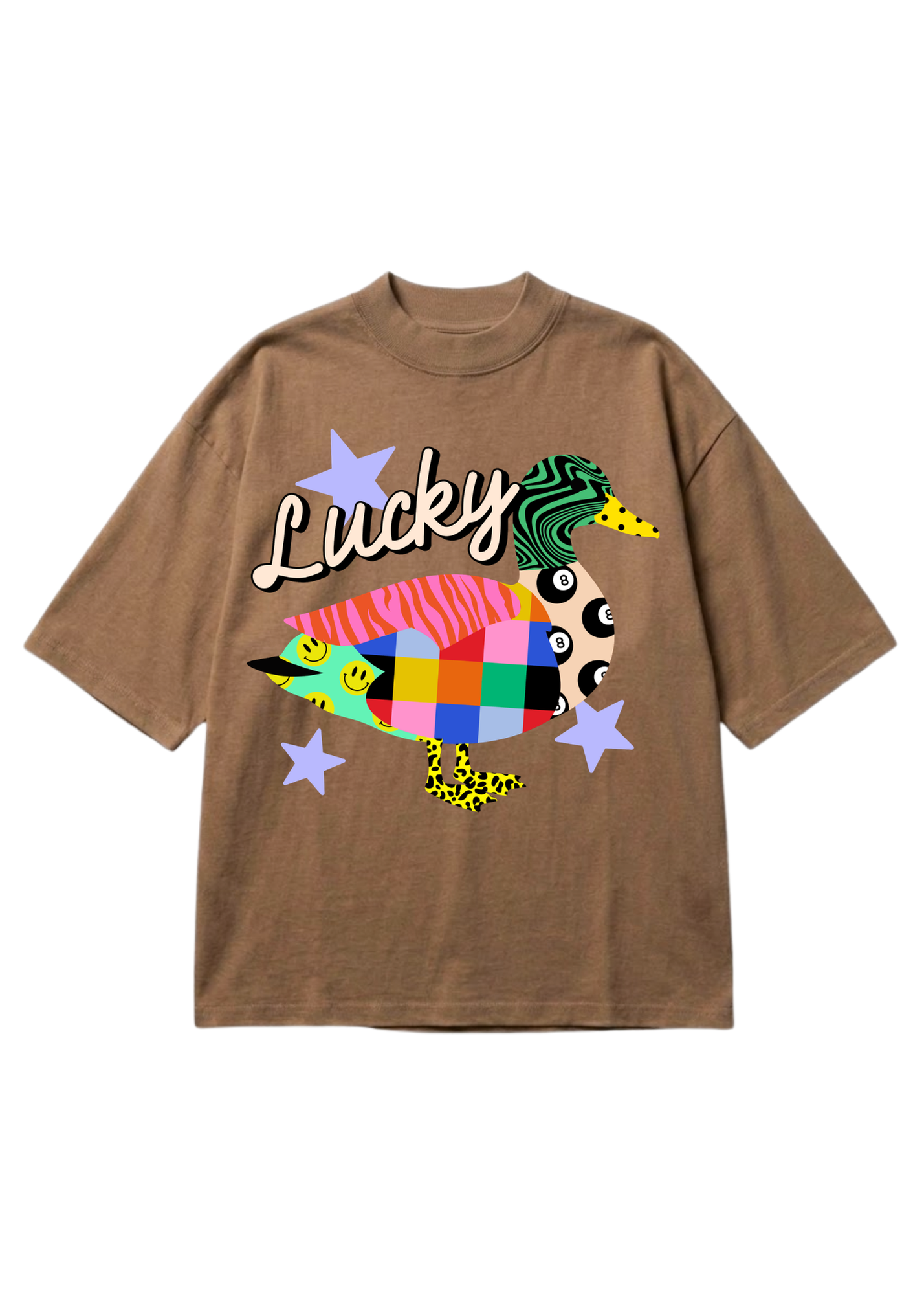 A brown short-sleeve t-shirt with a colorful graphic on the front featuring the word 'Lucky', a patchwork-patterned bird, and purple stars, displayed against a plain white background.
