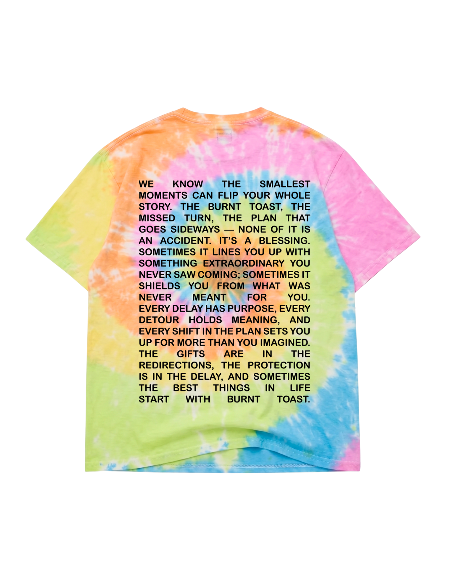 Tie-dye t-shirt with text on a white background, flat lay back view