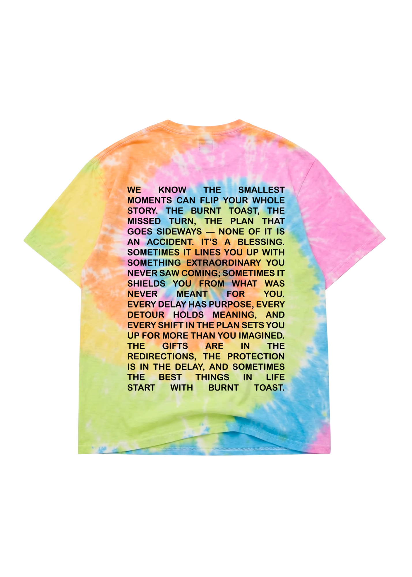 Tie-dye t-shirt with text on a white background, flat lay back view