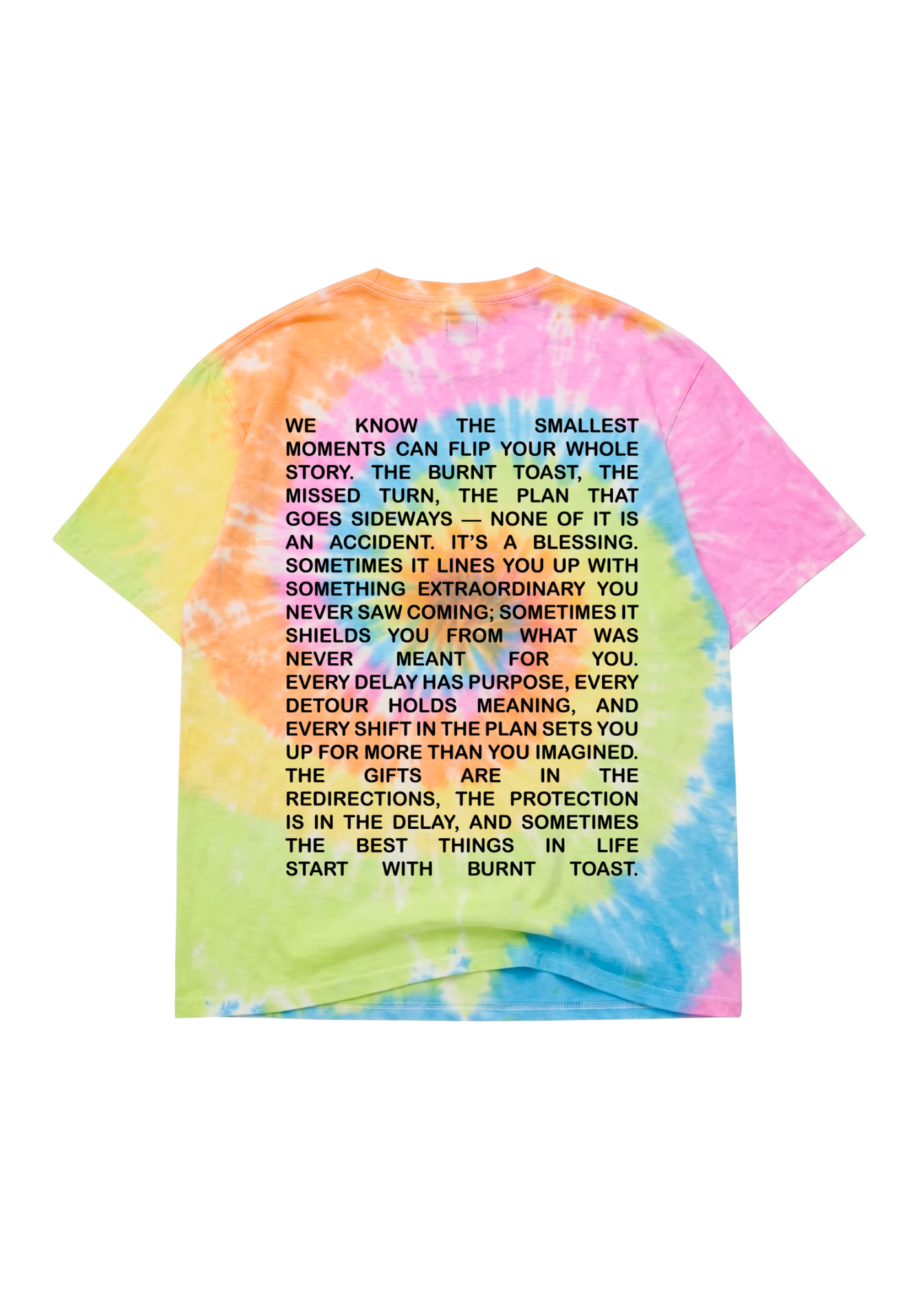 Tie-dye t-shirt with text on a white background, flat lay back view