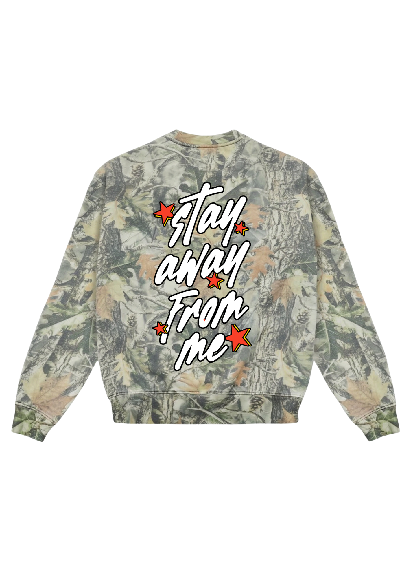 Camouflage jacket with 'Stay Away From Me' text and star graphics on a white background, back view