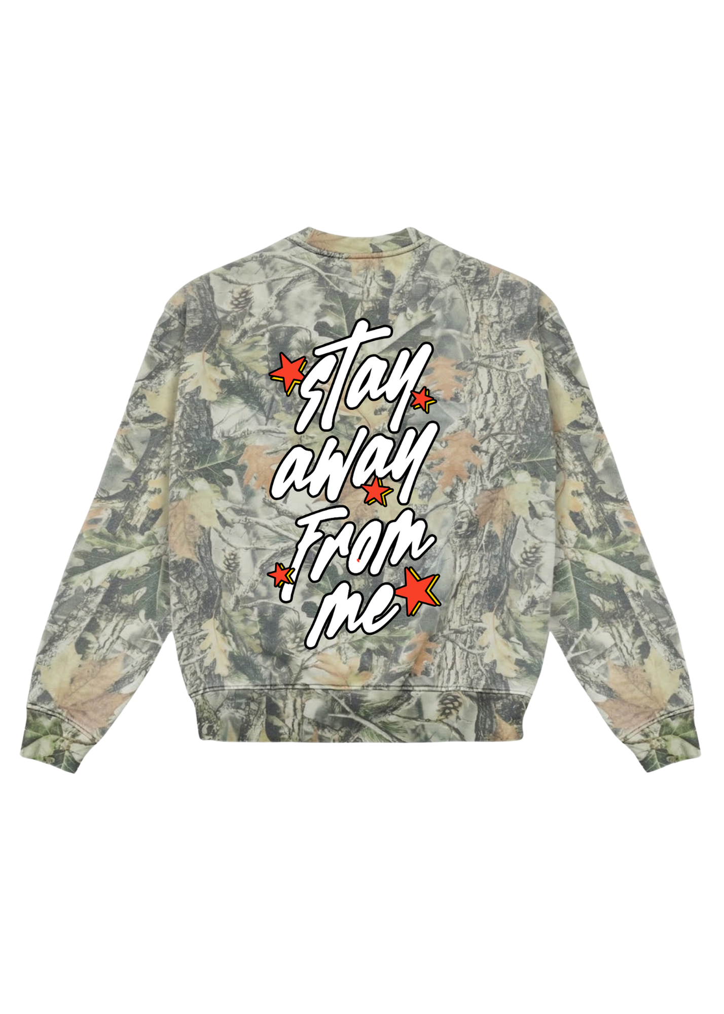 Camouflage jacket with 'Stay Away From Me' text and star graphics on a white background, back view