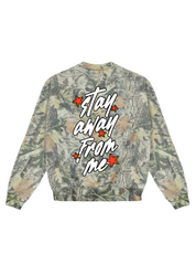 Camouflage jacket with 'Stay Away From Me' text and star graphics on a white background, back view
