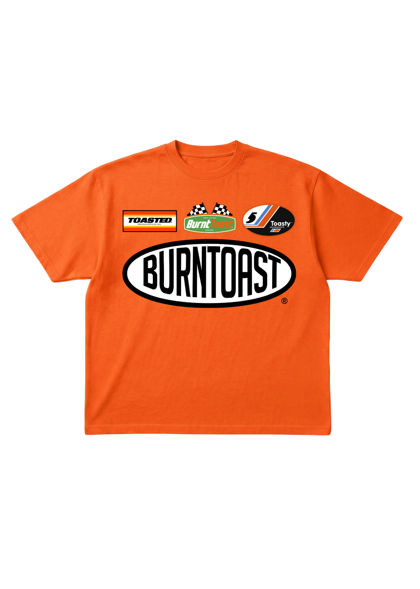 Orange short sleeve shirt with 'Burnt toast' logo on a white background, flat lay frontal view