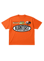 Orange short sleeve shirt with 'Burnt toast' logo on a white background, flat lay frontal view