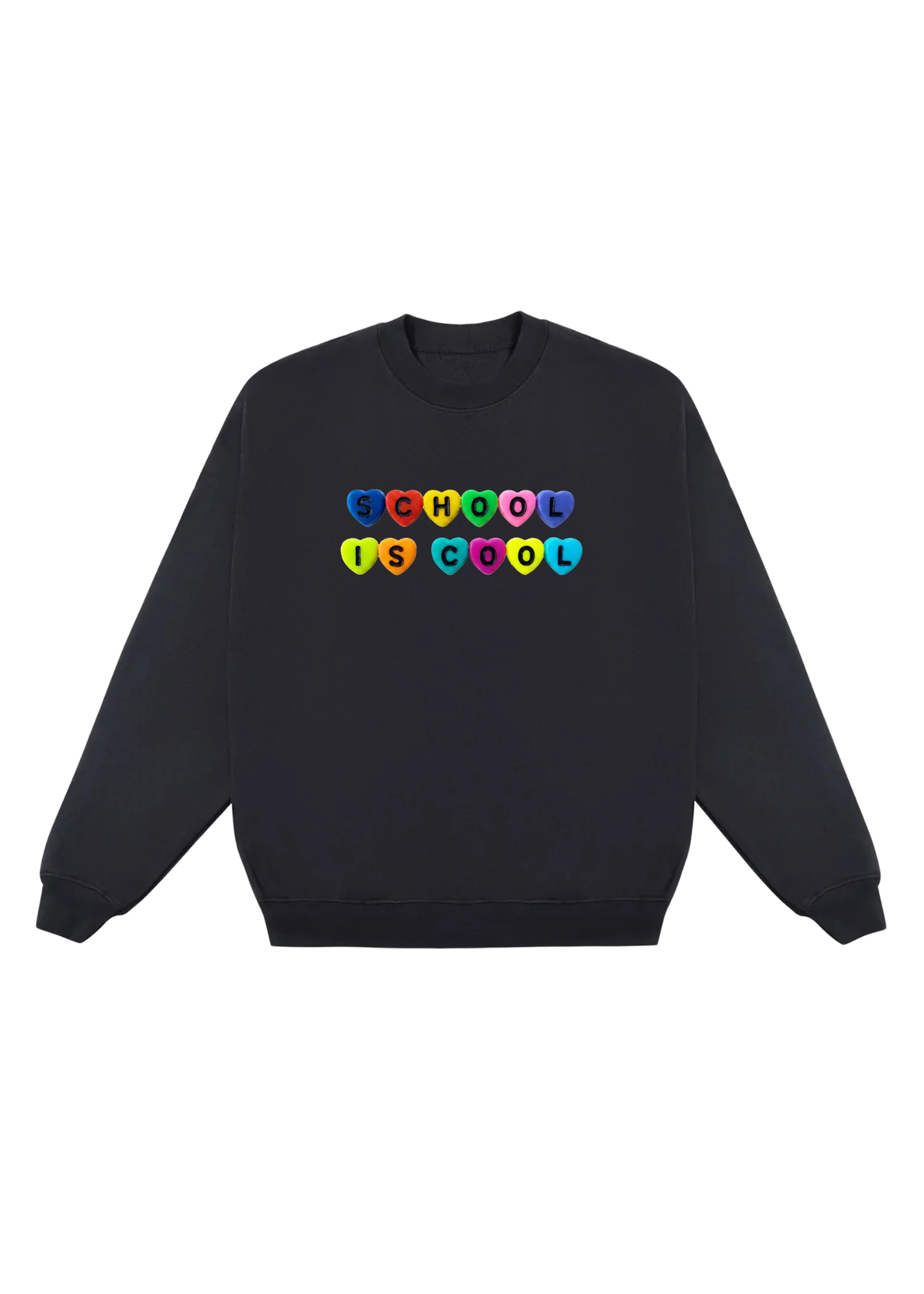 Black long sleeve crew neck with lettering in colorful hearts that read 'SCHOOL IS COOL', flat lay frontal view