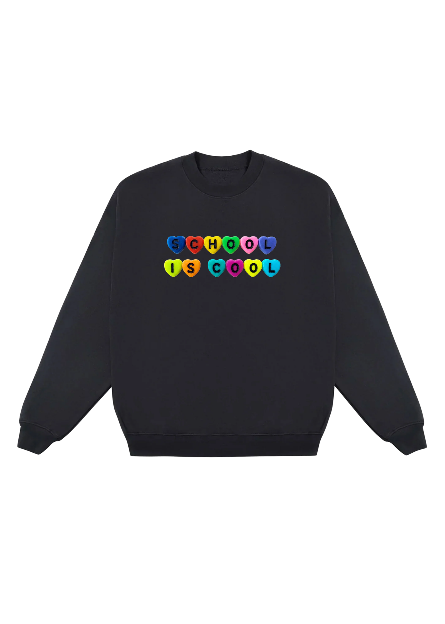 Black long sleeve crew neck with lettering in colorful hearts that read 'SCHOOL IS COOL', flat lay frontal view