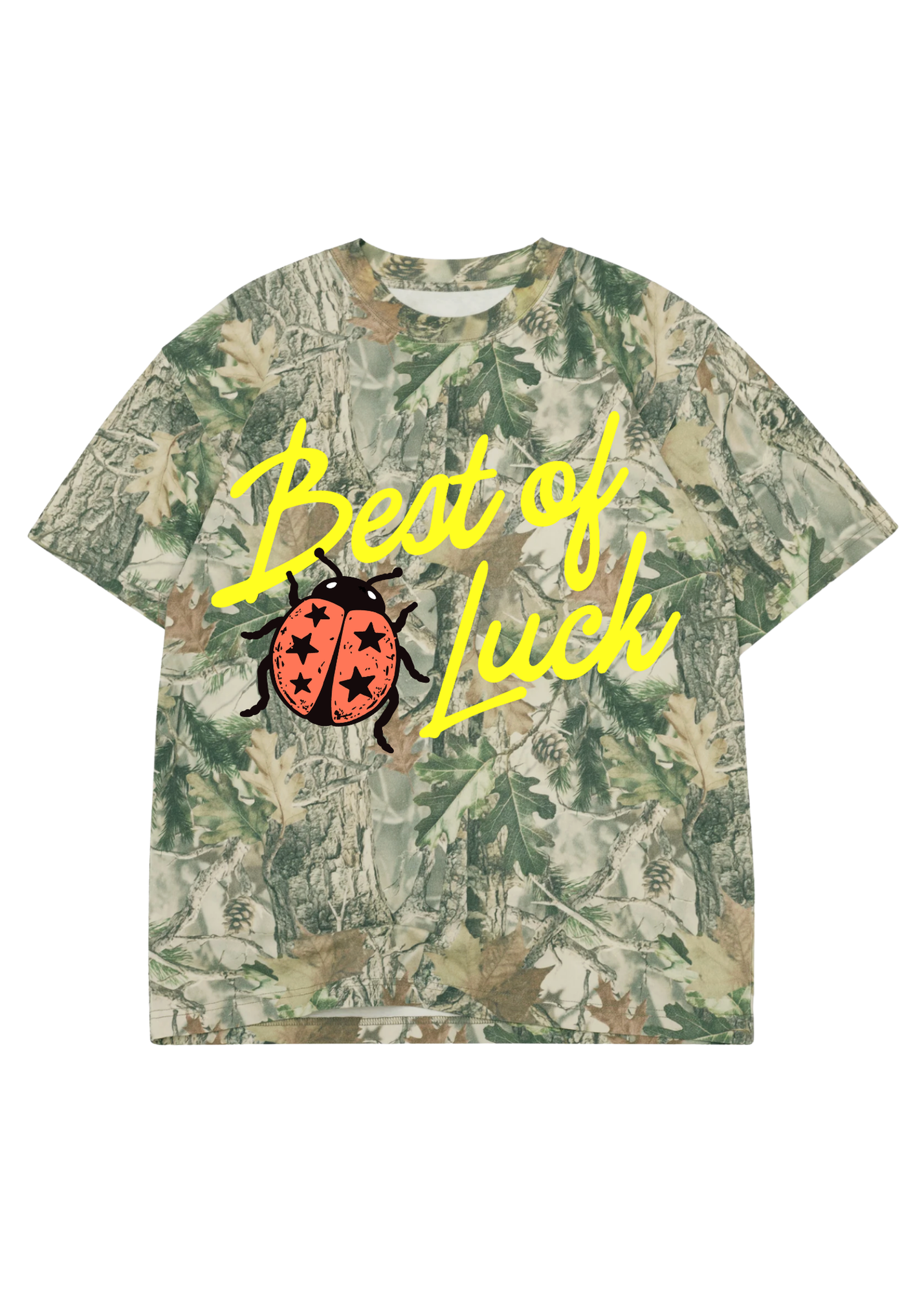 Camouflage short sleeve graphic shirt with a ladybug graphic and 'Best of Luck' text on a white background, flat lay frontal view