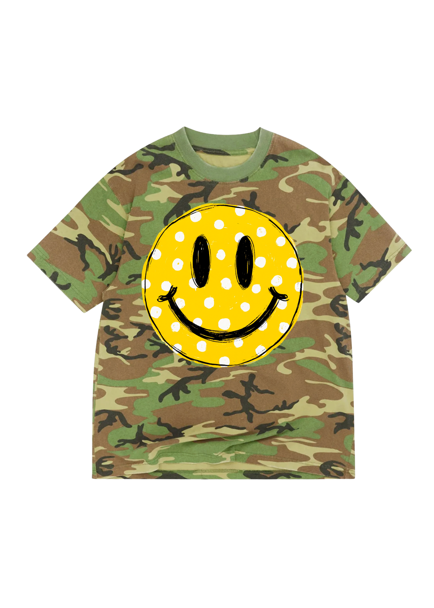 A short-sleeve crewneck t-shirt featuring a green and brown camouflage pattern with a large yellow smiley face graphic on the front, decorated with white polka dots.