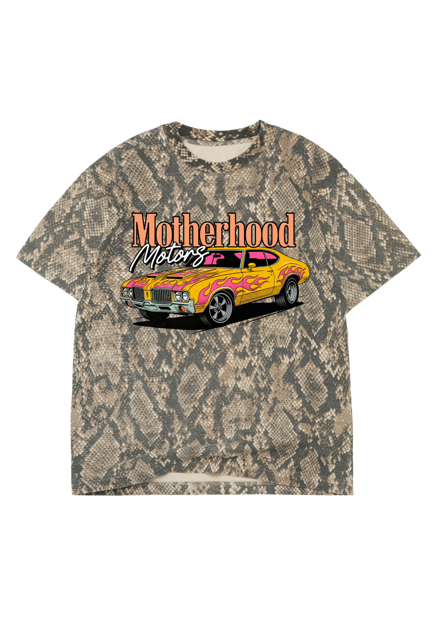 T-shirt with snake print and graphic of a car with 'Motherhood Motors' text on a white background, flat lay frontal view