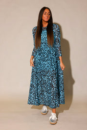Brown and black leopard mesh maxi dress, full length front view on model