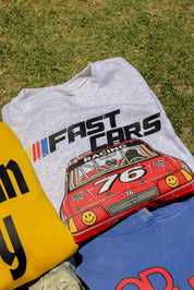 Gray sweatshirt with red race car graphic and 'Fast Cars Racing' text on grass.