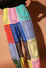 Colorful bandana pants with a brown background, back view
