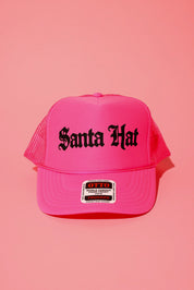 Neon pink trucker hat with black text that reads 'Santa Hat' on a pink background